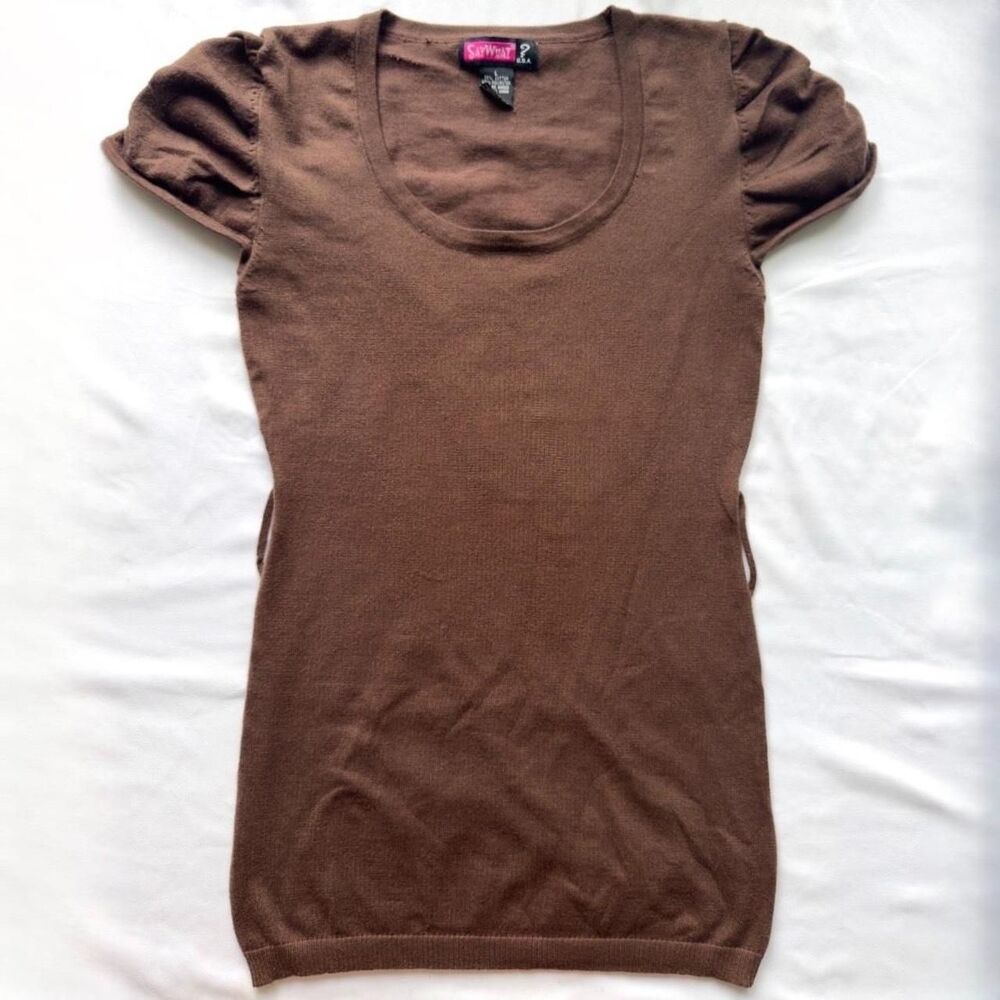 say what? vintage y2k mini shirt dress brown knit scoop neck cap size large